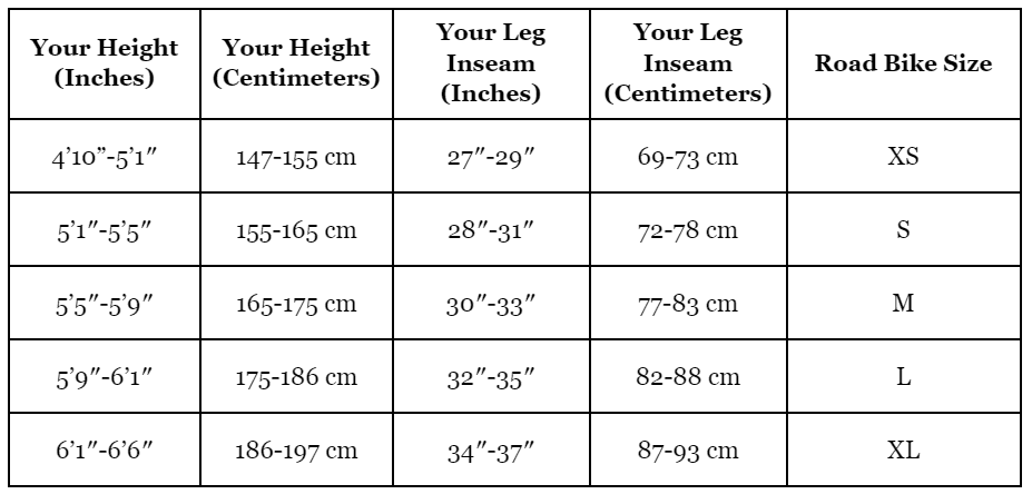 Hybrid Bike Size Chart