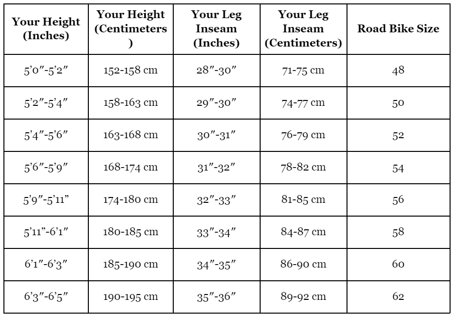 Road Bike Size Chart